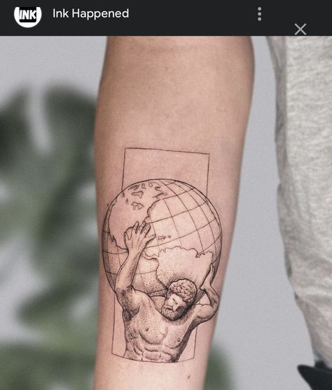 Woman’s Half Sleeve Tattoo Ideas, Atlas Line Tattoo, Atlas Globe Tattoo, Think Tattoo Ideas, Atlas Stone Tattoo, Greek Inspired Tattoos Mythology, Atlas Tattoo Minimalist, Atlas Shrugged Tattoo, Greek Myth Tattoo Ideas