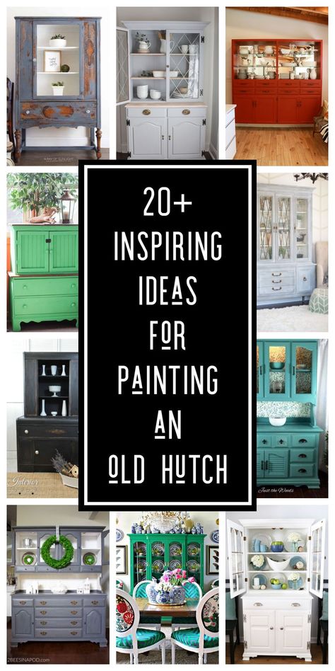 If you need inspiration and Ideas for painting an old hutch you’ve found the right place! I’ve collected for you dozens of old hutch makeover ideas to inspire you. A china cabinet makeover is a great way to modernize a vintage or antique piece and make it custom and beautiful to fit your personality and your home. So how do you modernize an old hutch? You start with unique ideas with style. #DIY #HutchMakeover #PaintedFurniture Refinished China Cabinet Farmhouse, Vintage Hoosier Cabinet Makeover, Painted Hutches Before And After, Tv Cabinet Makeover Ideas, China Cabinet Makeover Coffee Bar, Decorate Hutch Ideas, Buffet And Hutch Makeover, Hutch Turned Into Kitchen Cabinets, Refinishing China Cabinets