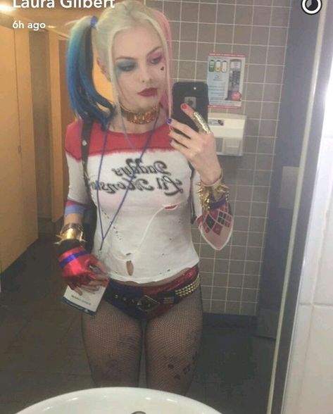 October 1, 2016: Laura Gilbert as Harley Quinn #lauragilbert Laura Gilbert, Bathroom School, Bathroom Selfies, Joker Cosplay, Harley Quinn Cosplay, Welcome To My Page, Oct 1, Harley Quinn, Selfies