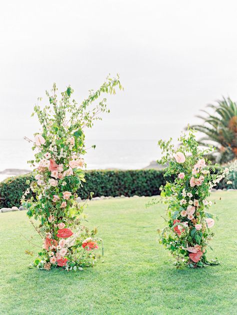 Read More: https://www.stylemepretty.com//www.stylemepretty.com/vault/image/6916642 Arch With Greenery, Ocean Backdrop, Coastal Wedding Inspiration, Tropical Scenery, Floral Arches, Laguna Beach Wedding, Montage Laguna Beach, Beach Wedding Reception, Romantic Backdrop