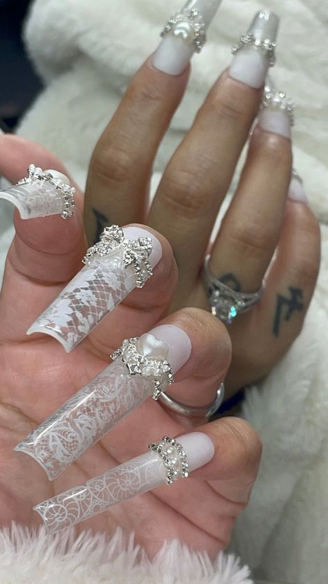 Light Blue Nails Long Square, White Extra Nails, White Bling Acrylic Nails, Nails Are Jewels Not Tools, Nails Ideas Long, Detailed Nails, Lace Nail Design, White Lace Nails, Lace Nail Art