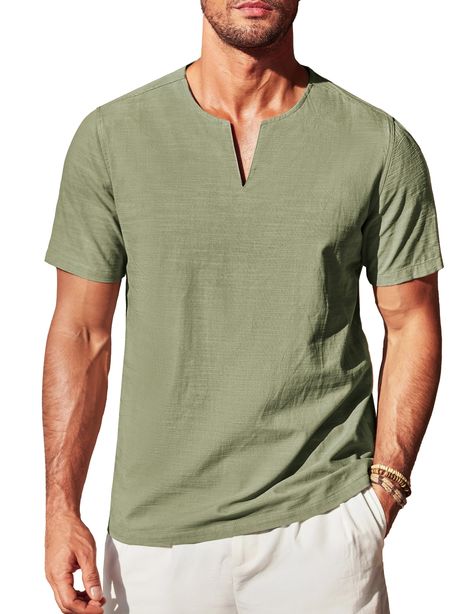 PRICES MAY VARY. Linen Cotton Material ---- The v neck beach tee shirt is made of soft and high-quality cotton and linen fabric. The men summer tshirt is skin-friendly, lightweight, breathable and comfortable. Stylish V Neck Design---- The mens casual t-shirts, feature with collarless, solid color, short sleeve, V neck, vertical hem design，keep you cool and relaxed all the time especially in hot summer. Clothing Match ---- Men's short sleeve summer tee could be easy to match with slacks, chinos, Short Sleeve Linen Shirt, Summer Tshirt, Beach Tee, Mens Casual T Shirts, Linen Suits, Linen Shirts, Shirts Short Sleeve, Linen Shirt Men, Mens Linen