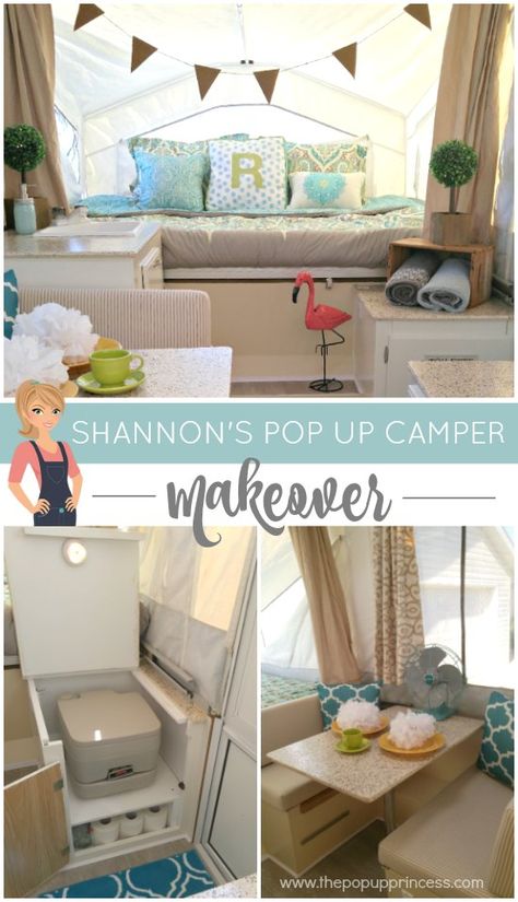 With hard work and creativity, you can make your pop up camper the camping retreat of your dreams.  Check out Shannon's ingenious built-in potti cabinet. Tent Trailer Remodel, Best Pop Up Campers, Pop Up Remodel, Pop Up Princess, Pop Up Camper Ideas, Pop Up Camper Trailer, Pop Up Camper Remodel, Popup Camper Remodel, Pop Up Camping