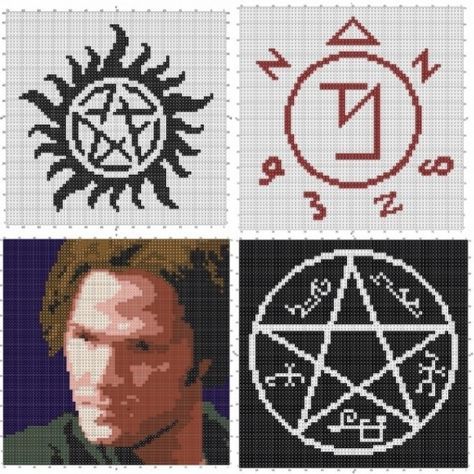 Supernatural knitting charts. Each in two different sizes. Crochet Supernatural, Crochet Cross Stitch, Geek Cross Stitch, Geeky Craft, Nerd Crafts, Geek Crafts, Odaiba, Cross Stitches, Crochet Cross