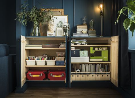 Get creative with your IVAR storage. You can paint cabinets in the same color as the wall so they blend in with the rest of the decor. Ikea Inside, Ivar Cabinet, Ivar Regal, Ikea Ivar Cabinet, Ikea Ivar, Diy Dining Room, Diy Dining, Diy Ikea, Furniture Hacks