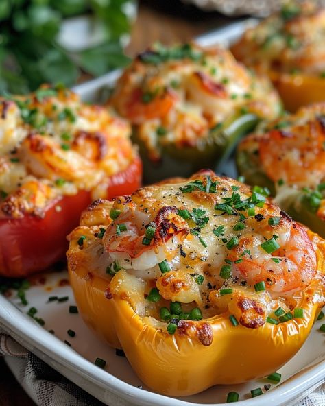 Crab and Shrimp Stuffed Bell Peppers Ingredients: 4 large bell peppers 1/2 lb crab meat, drained and flaked 1/2 lb cooked shrimp, chopped 1 cup cooked rice 1 small onion, finely chopped 2 cloves garlic, minced 1/2 cup celery, finely chopped 1/2 cup mayonnaise 1/2 cup shredded mozzarella cheese 1/4 cup grated Parmesan cheese 2 tbsp fresh parsley, chopped 1 tbsp lemon juice 1 tsp Old Bay seasoning Salt and pepper to taste 2 tbsp olive oil Directions: Preheat the oven to 375°F (190°C). Lightly g... Crab Meat, Shredded Mozzarella, Fresh Parsley, How To Cook Shrimp, Grated Parmesan Cheese, Mozzarella Cheese, Mayonnaise, Parmesan, Celery