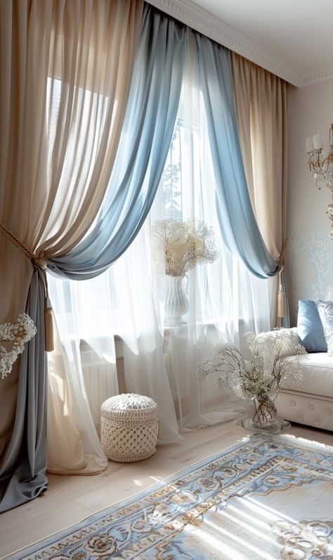 Two Tone Curtains, Aqua Living Room, Light Blue Living Room, Curtain Designs For Bedroom, Double Curtains, Stylish Curtains, Casa Vintage, Kitchen Remodel Before And After, Living Room Living Room