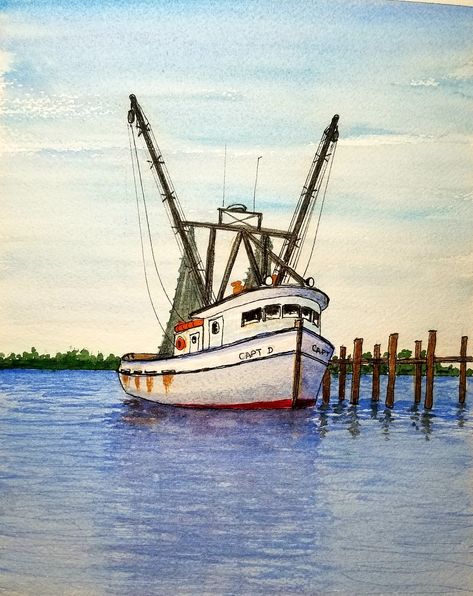 Shrimp boat at dock Shrimp Boat Drawing, Shrimp Boat Painting, Oyster Ideas, Deep Sea Fishing Boats, Ocean Life Art, Shrimp Boats, Boat Artwork, Idea Paint, Watercolor Boat