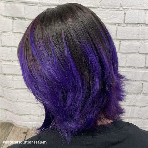 Purple Hair Color For Short Hair, Short Hair Color Streaks, Short Black Hair With Purple Streaks, Black Purple Hair Short, Black Purple Short Hair, Purple Tips Short Hair, Black Hair With Purple Highlights Short, Black To Purple Ombre Hair Short, Black Hair Purple Tips