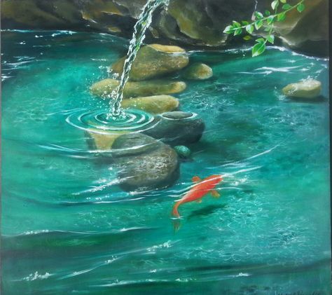 Water Pond Drawing, Forest Pond Painting, Painting Pond Water, How To Paint Pond Water, Duck Pond Painting, How To Paint A Pond, Pond Painting Acrylic, Koi Pond Painting, Pond Paintings