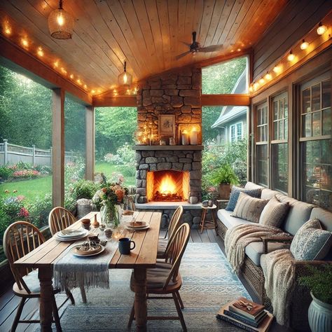 Back Porches With Fireplaces, Vaulted Back Porch With Fireplace, Front Porch Fireplace Ideas, Outside Living Spaces Covered Patios, Outdoor Rooms Covered, Fireplace On Deck, Back Porch Fireplace, Screened In Porch With Fireplace, Front Porch Fireplace