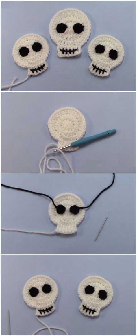 Halloween Crochet Skull Tutorial - Yarn & Hooks Crochet Halloween Applique, Skull Tutorial, Skull Crochet, Crochet Skull Patterns, Halloween Applique, Crochet Skull, Crochet Halloween, Halloween Crochet Patterns, Stylish Crochet