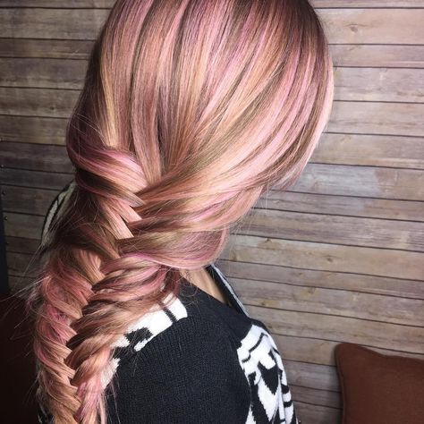 56 Likes, 12 Comments - Kellie Heimink Whitney (@kellie5does_hair) on Instagram: “Rose gold fishtail.. alternated soft and hot pink through her hilighted hair, b3 in color. Quick…” Hilighted Hair, Trip Hairstyles, Highlights Dark Brown Hair, Pink Hair Highlights, Special Event Hair, Bombshell Hair, Fishtail Braids, Blonde Hairstyles, Pink Highlights