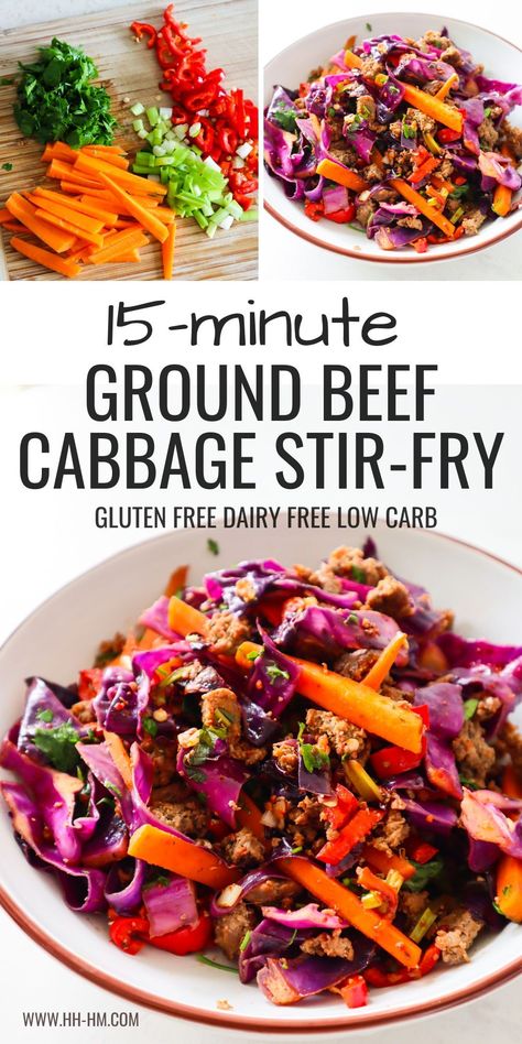 Healthy ground beef cabbage stir-fry! This is such an easy delicious healthy dinner idea with ground beef and cabbage that is gluten, dairy-free and low carb! This super easy red cabbage stir-fry is full of flavor and ready in just 15 minutes. Beef Cabbage Stir Fry, Purple Cabbage Recipes, Ground Beef Cabbage, Cabbage Recipes Healthy, Red Cabbage Recipes, Ground Beef And Cabbage, Beef Cabbage, Dairy Free Low Carb, Cabbage Stir Fry