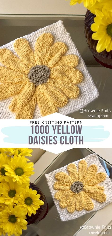 Spring Knitting Projects, Knit Daisy, Daisy Knitting Pattern, Flower Dishcloth, Knitted Flower Dishcloth Pattern, Free Knitted Daffodil Pattern, Daisy And Storm Dish Cloths, Knitting Blocking, Dishcloth Patterns Free