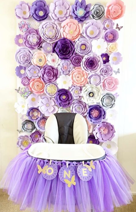 Elegant Spring Bloom First Birthday Party | CatchMyParty.com Bloom First Birthday, Party Decorations Purple, Bd Design, Butterfly 1st Birthday, Spring Birthday Party, Purple Birthday Party, 1st Birthday Party For Girls, Butterfly Birthday Party, Girl Bday Party