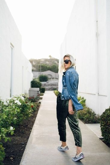 Velvet joggers now $52 #ShopStyle #ssCollective #MyShopStyle #ootd Velvet Joggers Outfit, Lisa Allen, Velvet Joggers, Velvet Sandals, Checkered Vans, Green Joggers, Joggers Outfit, Fashion Goals, White Tee Shirts