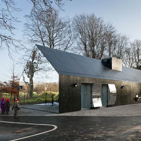 mirror house, copenhagen, denmark • mlrp • via dezeen Copenhagen Park, House Of Mirrors, Cool Playgrounds, Architecture Company, Pavilion Architecture, Mirror House, Top Architects, Playground Design, Gable Roof