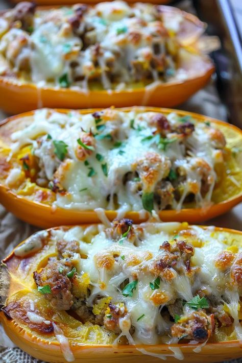 Hearty Sausage-Stuffed Butternut Squash Sausage Stuffed Squash Recipes, Baked Stuffed Butternut Squash, Butternut Squash Stuffed With Sausage, Stuffed Winter Squash, Hello Squash Recipes, Stuffed Butternut Squash With Sausage, Butternut Squash Sausage Casserole, Squash Main Dish Recipes, Sausage And Butternut Squash Recipes