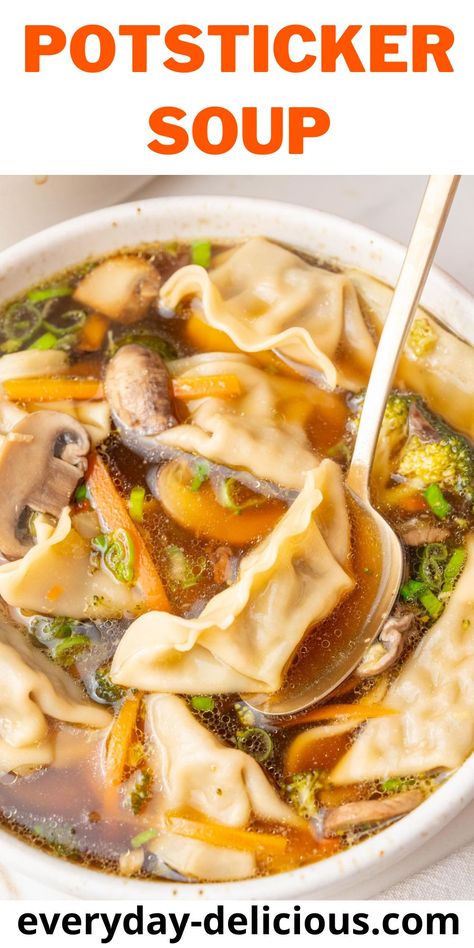 Potsticker Soup - Everyday Delicious Pork Dumpling Soup Recipes, Asian Soup With Dumplings, Chicken Potsticker Soup, Dumplings Recipe Soup, Pot Sticker Soup Recipe, Potsticker Soup, Wonton Soup Recipe, Easy Dumplings, Asian Soup Recipes