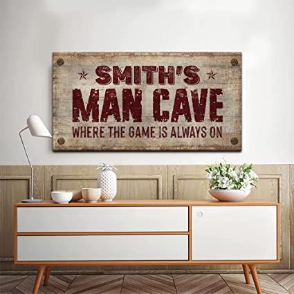 $59.99 Museum-Grade Quality - This Man Cave Sign Decor Prime Gallery-Wrapped Canvas comes with a Premium Backing; No sagging, dents, accidental rips; Printed using UV-Resistant Ink with a neatly folded edge Hassle-free - Comes with Ready-to-Hang Hooks; Water-resistant; Cleans easily using a damp cloth. Perfect for your living room, bedroom, game room, garage, basement, bar or Where the game is always on! Bar Entertainment Room, Rustic Decoration, Cave Wall, Man Cave Wall, Man Cave Signs, Personalised Canvas, Custom Decor, Entertainment Room, Hanging Hooks