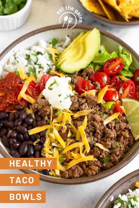 A quick and easy dinner, these taco bowls never disappoint. Made with ground beef taco meat, cilantro lime rice, black beans, and all your favorite taco fixings, they are packed with protein and fiber and are so delicious! Gluten-free and easily made dairy-free. Ground Beef Taco Bowls, Beef Taco Bowls, Taco Fixings, Ground Beef Taco Meat, Beef Taco Meat, Taco Bowl Recipe, Rice Black Beans, Ground Beef Taco, Ground Beef Rice