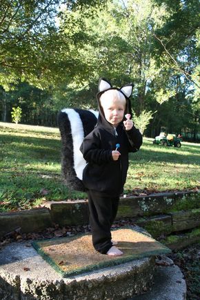 DIY skunk Halloween costume Toddler Skunk Costume, Woodland Animal Costumes, Skunk Halloween, Skunk Costume, Alex The Great, Toddler Halloween Costume, Cat Costume Diy, 1st Halloween, Diy Costumes Kids