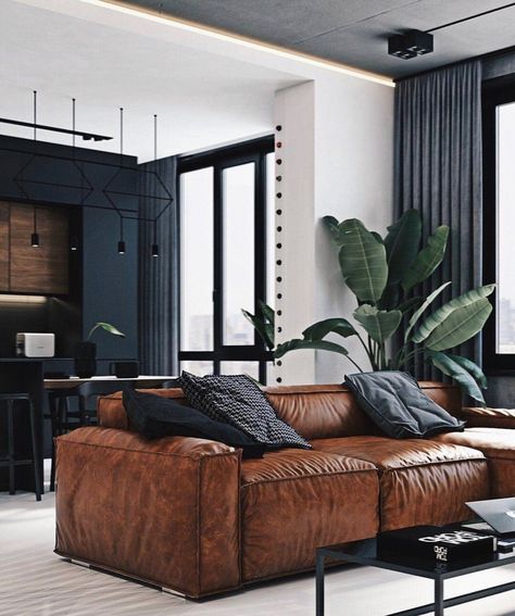 Cozy Masculine Bedroom, Huge Living Room Ideas, Sofa Kulit, Masculine Living Rooms, Leather Couches Living Room, Brown Leather Couch, Loft Interior Design, Black Interior Design, Loft Interiors