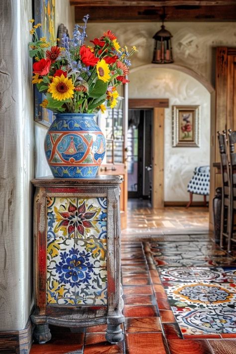 Discover the beauty of French country tile for a timeless farmhouse style. Elevate your space with elegant, rustic charm. Spanish Flooring, French Country Tile, Spanish Country Home, Modern Mexican Decor, Spanish Cottage, Southwest Kitchen, French Tile, Mexican Interior Design, Timeless Farmhouse