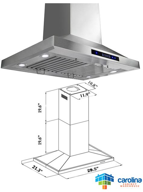 30″ Island Range Hood Minimum Required Ceiling Height: 8' (feet) Chimney Extension: No Duct Size: Rounded 6" (inch) Air Flow: 870 CFM Blower/Motor: Included Noise Level: Less than 65db Voltage: 110/120V Lighting: 4 X 2W (LED) Hoods For Kitchen, Best Range Hoods, Range Hood Cover, Kitchen Hood Design, Steel Range Hood, Arduino Cnc, Island Range, Stainless Range Hood, Wood Range Hood