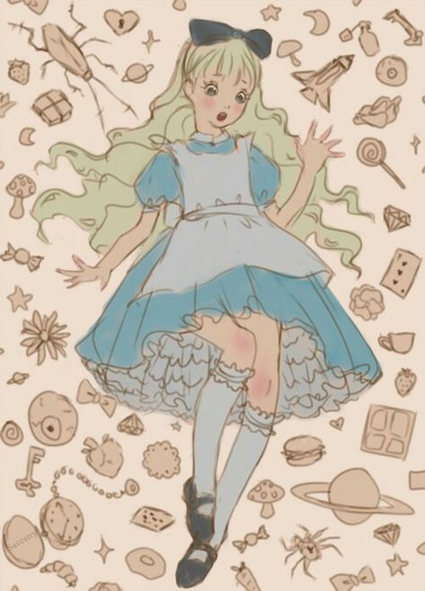 Alice in Wonderland Alice Falling, Drawing Creepy, Alice In Wonderland Outfit, Wonderland Aesthetic, Alice In Wonderland Drawings, Alice In Wonderland Illustrations, Alice In Wonderland Dress, Alice In Wonderland Aesthetic, Alice In Wonderland Characters