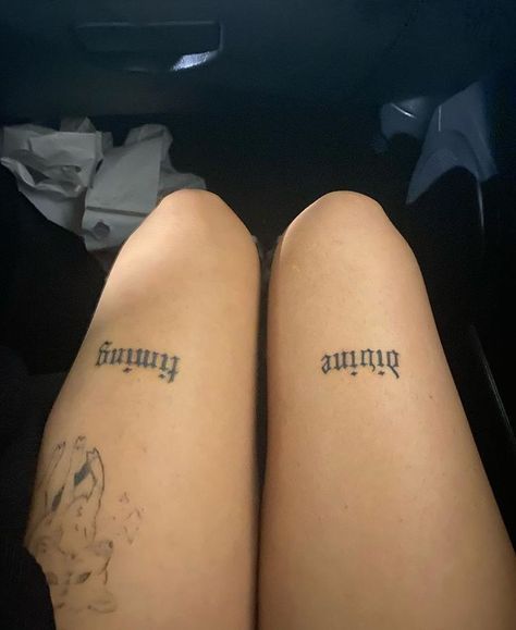 Knee Writing Tattoo, Upper Leg Tattoos, Leg Tats, Word Tattoo Ideas, Grace Tattoos, Virgo Tattoo Designs, Grunge Tattoo, Word Tattoo, Leg Tattoos Women