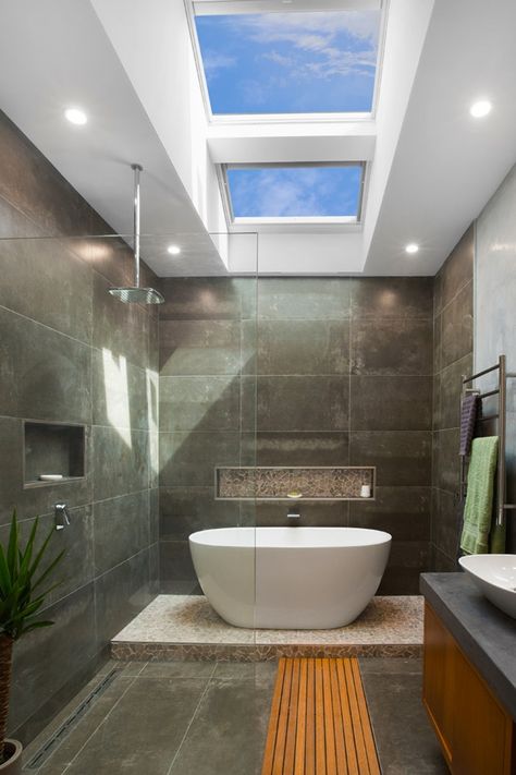 VELUX Room Gallery - Be Inspired To Install VELUX Skylights in Your Home Today Skylight Bathroom, Makeover Kamar Mandi, Skylight Design, Bathroom Design Luxury, Small Bathroom Design, Dream Bathrooms, House Bathroom, Bathroom Remodel Master, Modern Bathroom Design