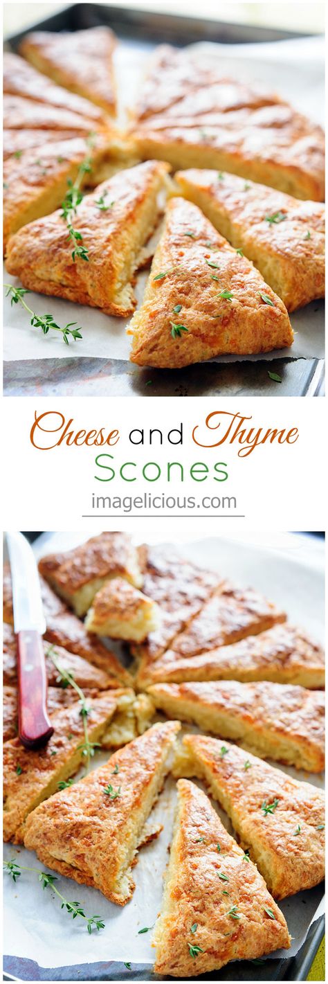 Cheese and Thyme Scones - cheesy, salty, savoury, satisfying. Perfect for breakfast, snack or dinner — Imagelicious Thyme Scones, Bread Garlic, Bread Puddings, Thyme Recipes, Pane Dolce, Cheese Scones, Homemade Breads, Savory Scones, Easy Cheese