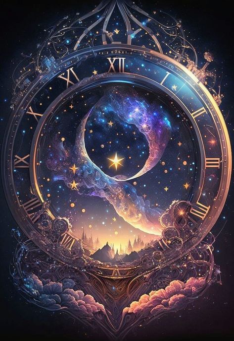 Fantasy Clock Art, Time Powers Magic, Celestial Art Aesthetic, Fantasy Background Magic, Moon Magic Aesthetic, Fantasy Clock, Moon Stars Art, Celestial Magic, Dreamy Artwork