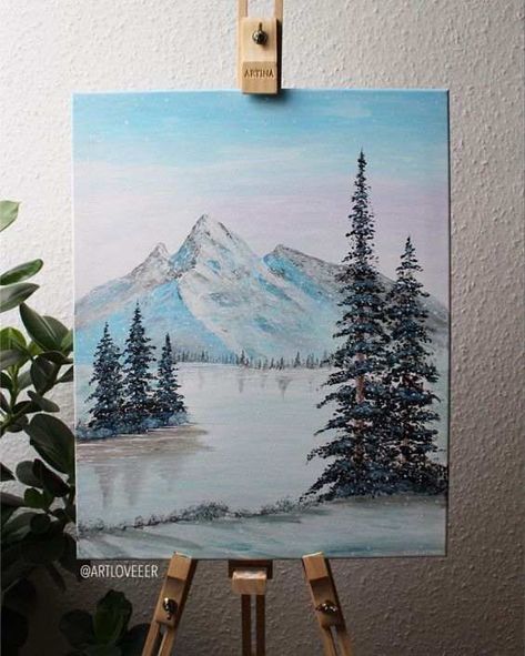 Winter Nature Drawing, Snow Mountains Painting, Winter Mountains Painting, Acrylic Winter Paintings, Easy Winter Canvas Painting, Snow Canvas Painting, Winter Paintings On Canvas, Winter Canvas Painting Ideas, Winter Painting Acrylic