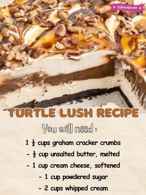 No Bake Turtle Lush Dessert, Turtle Lush Recipe, No Bake Turtle Lush, Turtle Lush Dessert, Chocolate Lush Dessert Recipe, Turtle Lush, Choc Pie, 9x13 Desserts, Turtle Pie Recipe