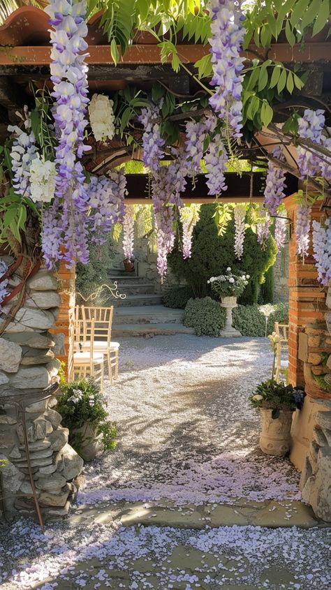 Step into a serene garden oasis draped in cascading wisteria blooms, perfect for any occasion Wisteria Wedding Arch, Garden Arch Wedding, Wisteria Arch, Wisteria Arbor, Hanging Wisteria, Wisteria Pergola, Wisteria Wedding, Wisteria Garden, Serene Garden