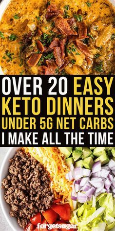 I'm sharing over 20 easy keto dinner recipes under 5g net carbs per serving that I make all the time! These super low carb dinners make planning a breeze. Recipes include Keto Cheeseburger Soup, Keto Taco Salad, Keto Tuna Casserole, Keto White Pizza, and so many more! Keto Cheeseburger, Best Keto Pancakes, Keto Tuna, Casserole Keto, Keto Taco Salad, Soup Keto, Healthy Low Fat Recipes, Salad Keto, Tuna Casserole