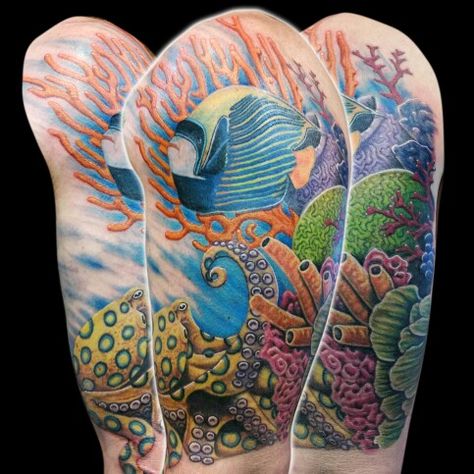 Salt water reef octopus tattoo Salt Water Fish Tattoo, Water Tattoo, Octopus Tattoo, Art Ink, Salt And Water, Coral Reef, Fish Art, Back Tattoo, Octopus