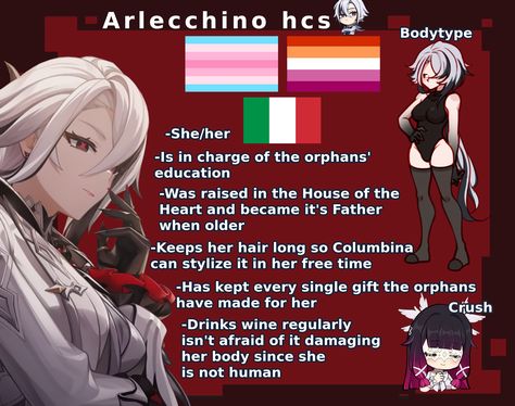 Next lady to get headcanoned is Arlecchino! 🖤❤️ #GenshinImpact #Arlecchino #headcanons Arlecchino Build Guide, Venti Headcanons, Hsr Headcanons, Headcanon Ideas, Lgbtq Headcanons, Genshin Headcanons, Homestuck Ancestors, Character Headcanons, Head Cannons