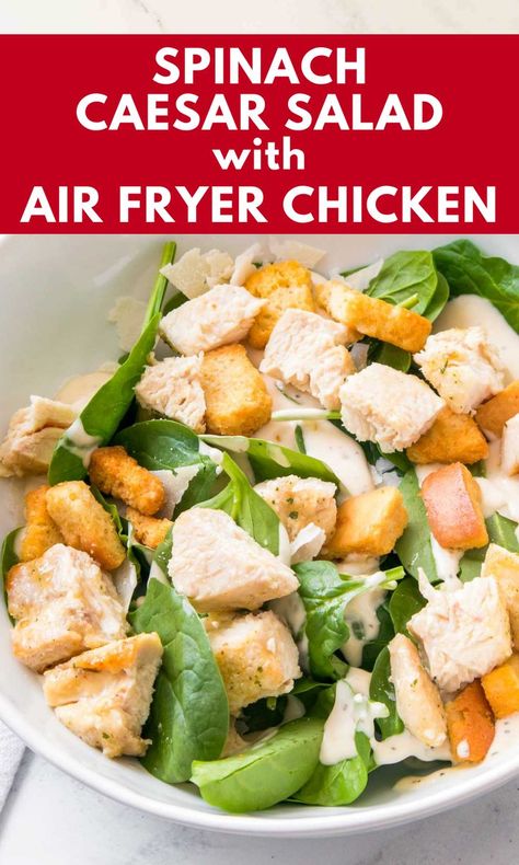 Spinach Caesar Salad with Air Fryer Chicken - baby spinach adds extra nutrition and flavor to this chicken salad! Air fry the chicken breast while you prepare the salad - the salad is done in 10-15 minutes from scratch! This is a great high protein lunch salad, with warm, air fried chicken on top of your favorite Caesar salad ingredients. Ranch Salad Recipes, Hearty Salad Recipes, Chicken Caesar Salad Recipe, Chicken Boneless Breast Recipes, Fresh Summer Salad, Lunch Salad, Caesar Salad Recipe, Chicken Caesar, Chicken Caesar Salad