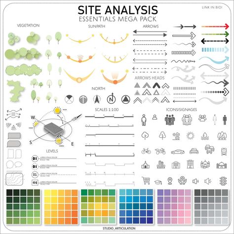 ✨ 🚀 Transform Your Spaces with Our Premier Products! ⁠ ⁠ ⭐ Site Analysis Essentials Mega Pack by @studio_articulation⁠ ⁠ With This Kit, You’ll Get:⁠ ⁠ ✅ Annotation, signs, and symbols can be a valuable tool for architects and designers!⁠ ⁠ ✅ Different types of vegetation, sun paths, arrows, icons, scales, and color palettes which allow you to present your work more effectively in your next site analysis presentation.⁠ ⁠ ➡️ Download Link in Bio! ⁠ Architecture Presentation Board Site Analysis, Site Analysis Topography, Architecture Site Analysis Drawing, Site Analysis Color Palettes, Site Analysis Urban Design, Architecture Drawing Color Palette, Diagram Color Palette, Site Analysis Sheet Presentation, Architecture Color Palette Presentation