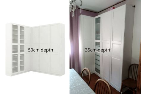 Ikea Shallow Pax Wardrobe, Shallow Wardrobe Ideas, Ikea Pax Wardrobe 35cm Depth, Pax Hacks Clever Ideas, Ikea Corner Wardrobe Hack, Ikea Pax Corner Wardrobe Ideas, Pax Corner Wardrobe Ideas, Ikea Pax 35, Ikea Pax 35 Cm