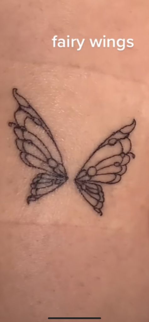 Small Fairy Wings Tattoo, Fairy Stick And Poke, Small Fairy Tattoos Simple, Simple Fairy Tattoo, Fairy Wings Tattoo, Small Fairy Tattoos, Fairy Wing Tattoos, Writing Tattoos, Wing Tattoo