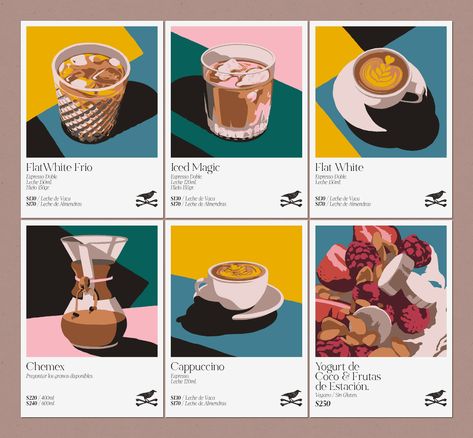 Cuervo Café. SS19 on Behance Coffee Graphics Illustration, Menu Coffee, Menu Design Inspiration, Cafe Menu Design, Cafe Posters, Posca Marker, Desain Editorial, Food Menu Design, Food Graphic Design