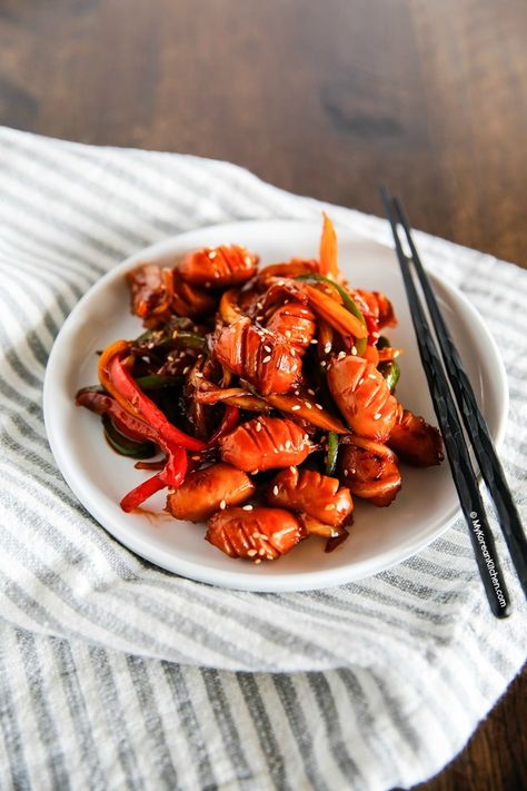 Korean Style Sausage Stir Fry | MyKoreanKitchen.com Korean Sausage, My Korean Kitchen, Sausage Stir Fry, Korean Glass Noodles, Vienna Sausage, Korean Kitchen, Korean Side Dishes, Popular Side Dishes, Spicy Korean