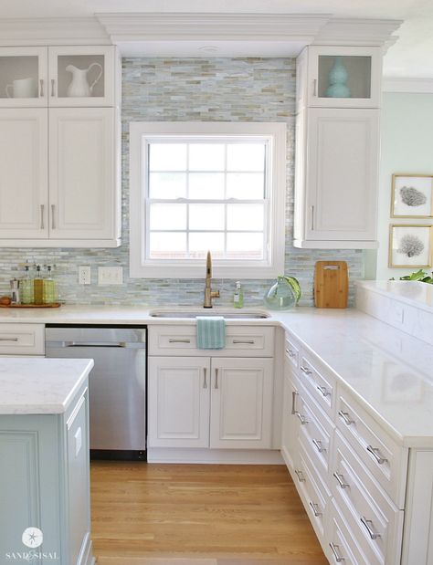 The Year in Review - Favorite 12 Posts of 2016 - Sand and Sisal Coastal Backsplash, Colored Island, Island Cabinet, Beach Kitchen, Cambria Quartz, Highlight Color, Beach Kitchens, Beach House Kitchens, Cottage Market