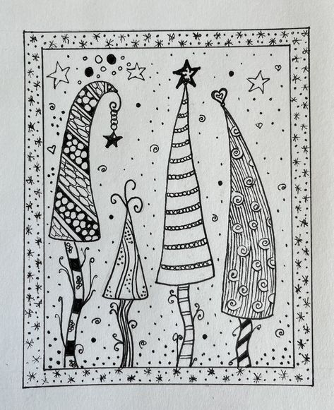 Christmas Tree Zentangle Patterns, Christmas Zentangle Ideas, Zentangle Christmas Patterns, Zentangle Christmas Cards, Doodle Art Christmas, Christmas Zentangle Patterns, Tree Zentangle, Christmas Zentangle, Zentangle Christmas