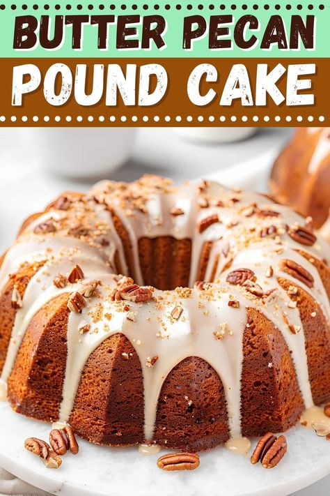 This Southern butter pecan pound cake recipe is a masterpiece. Brimming with buttery goodness and crunchy pecans, it's moist, sweet, and wonderfully rich. Butter Pecan Pound Cake Mix Recipes, Brown Butter Pecan Cake, Old School Butter Pecan Pound Cake, Cake Flour Pound Cake Recipe, Sweet Potato Pecan Pound Cake, Pecan Pound Cake Recipes, Southern Pound Cake Recipes Moist, Pecan Praline Buttermilk Pound Cake, Pound Cake Recipes Moist